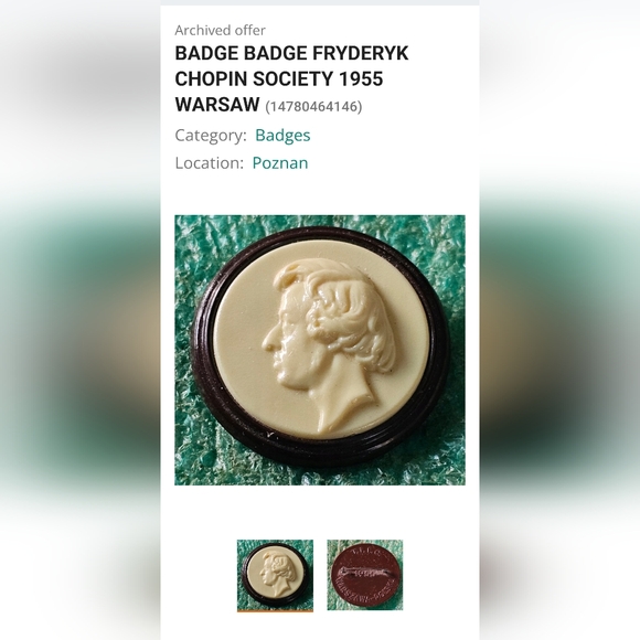 VIntage 1955 cameo of Fryderyk Chopin Society Badge - Picture 6 of 6